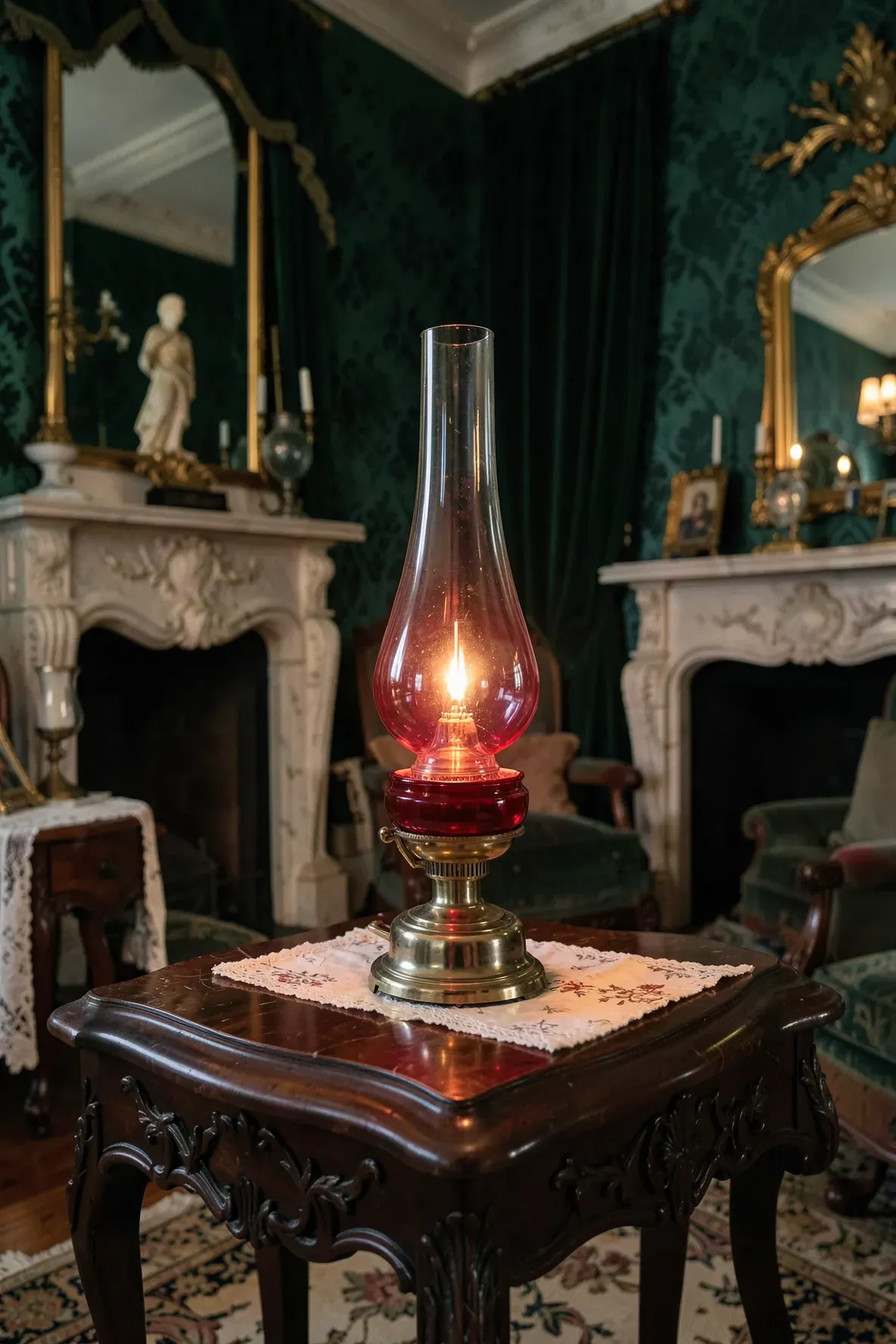 An antique oil lamp with a red cranberry glass reservoir on a mahogany table in a Victorian room.