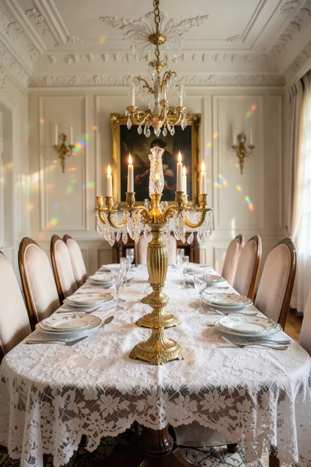 A heavy brass and crystal candelabra on a formal dining table with rainbow light reflections.