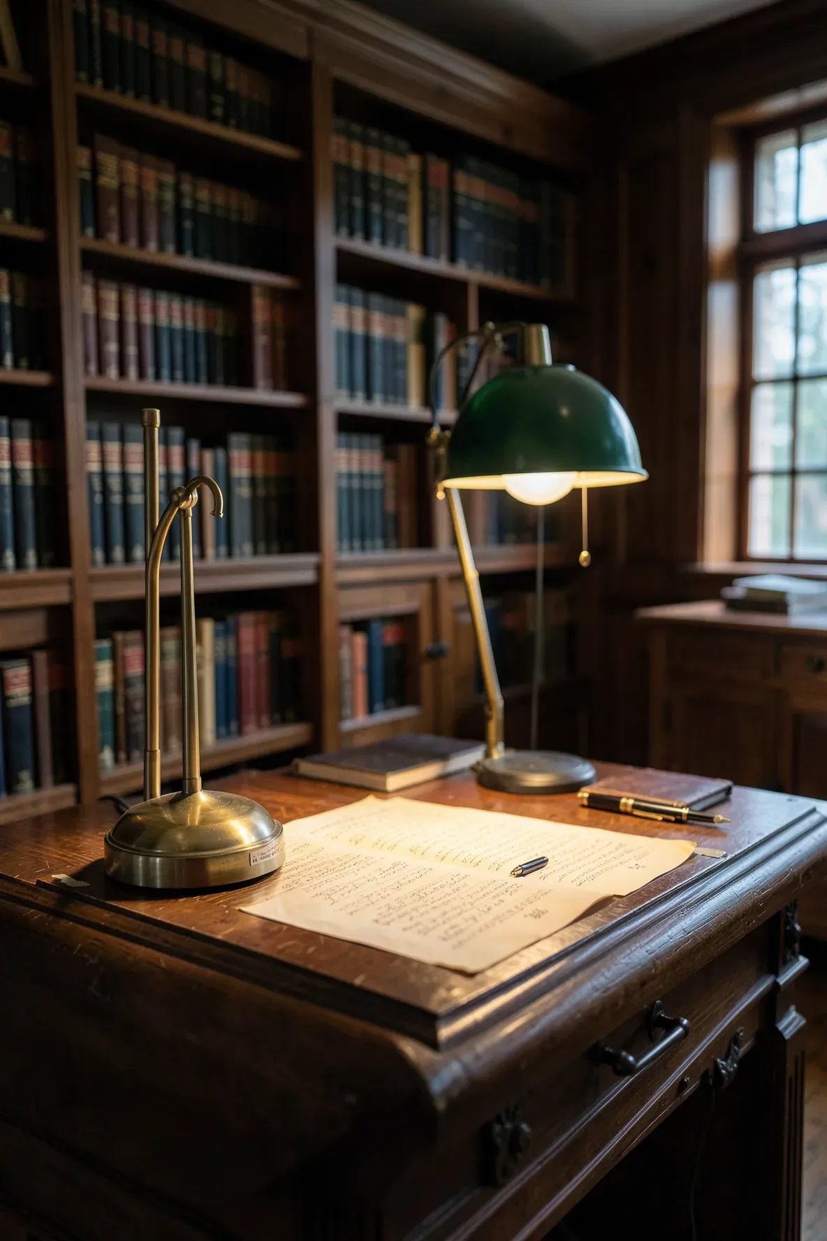An adjustable brass Victorian piano lamp lighting sheet music on a vintage roll-top desk.