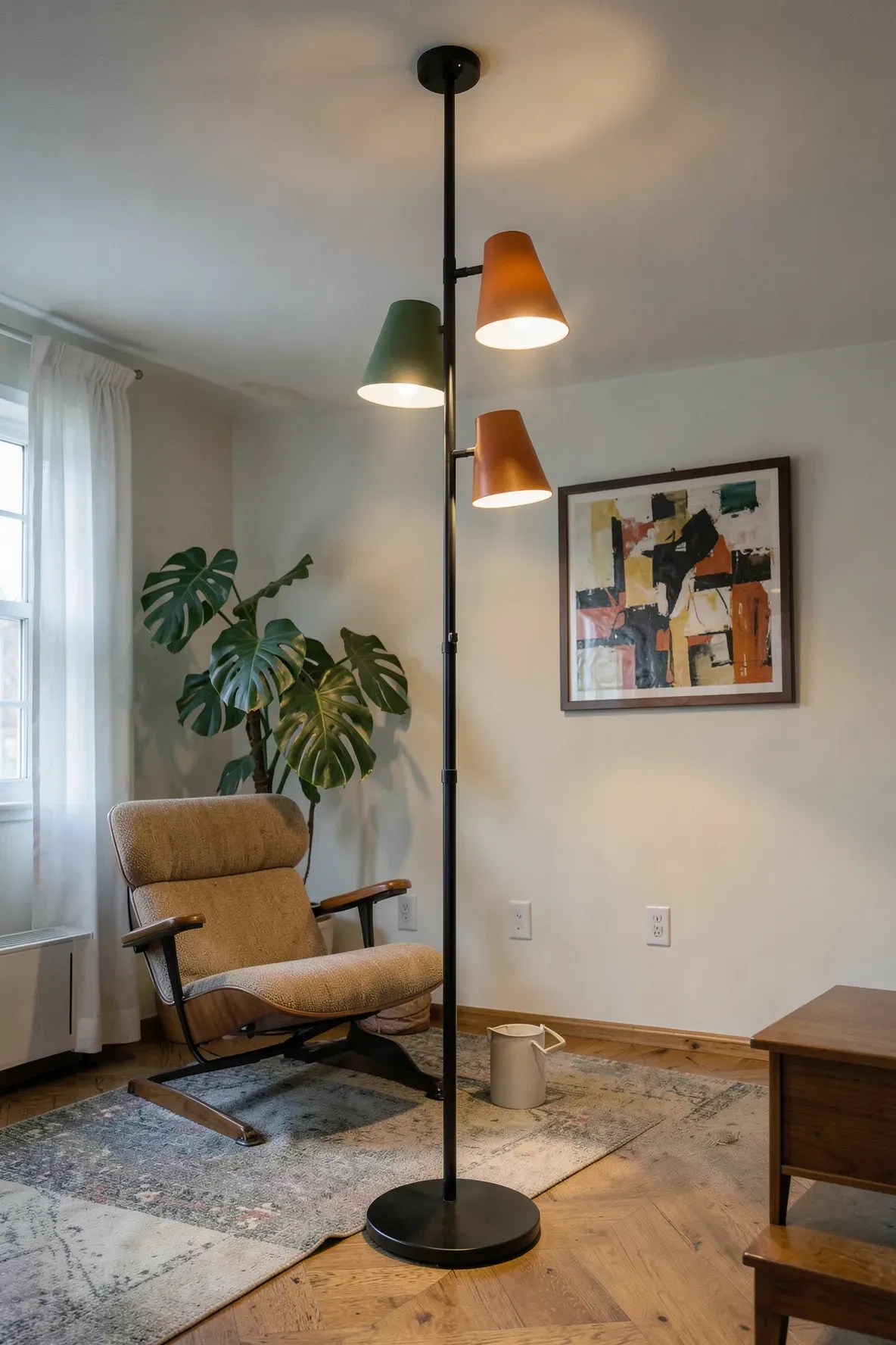 A 1960s tension pole lamp with three conical shades in a mid-century modern living room.