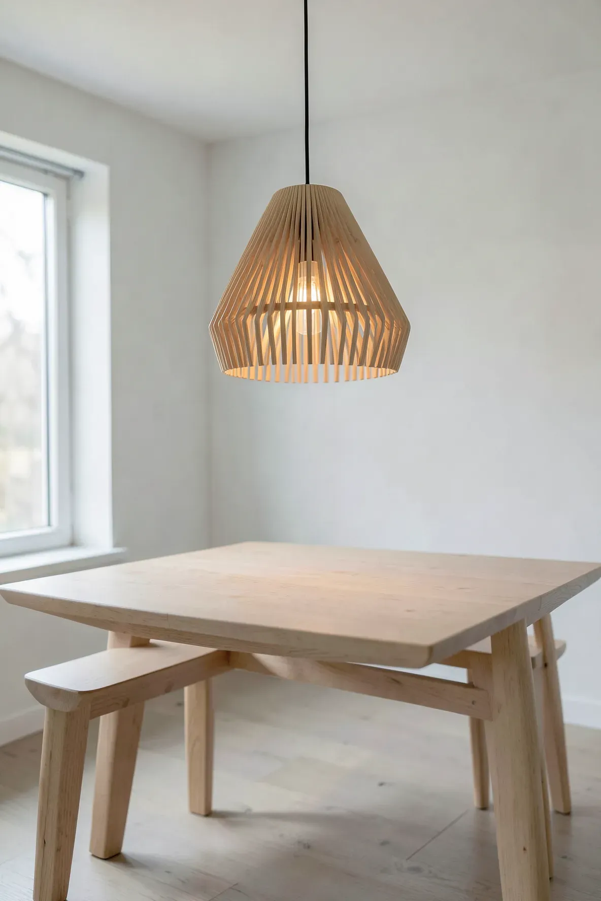 A Scandinavian pendant light made of thin pine wood slats hanging in a bright, minimalist room.