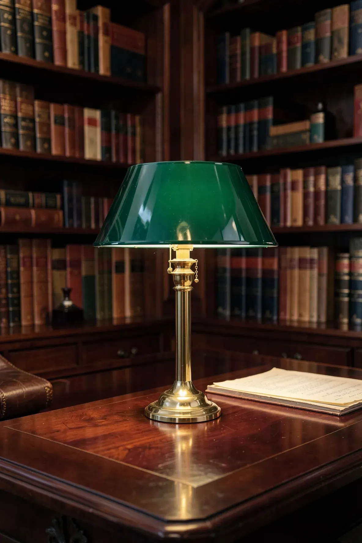 A classic brass bankers lamp with a green glass shade on a dark wood desk in a library.