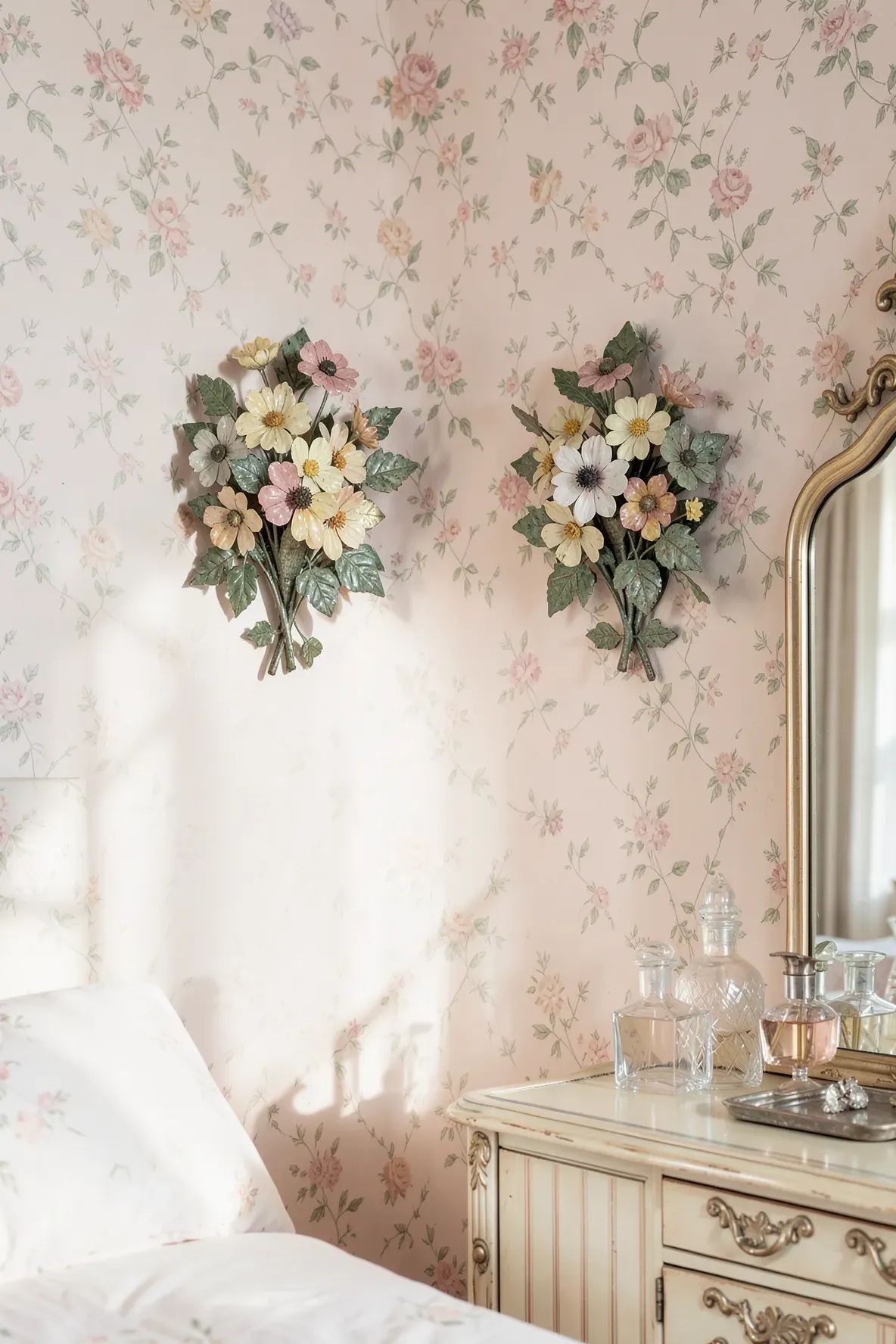 Hand-painted Italian toleware floral wall sconces shaped like flower bouquets on a bedroom wall.