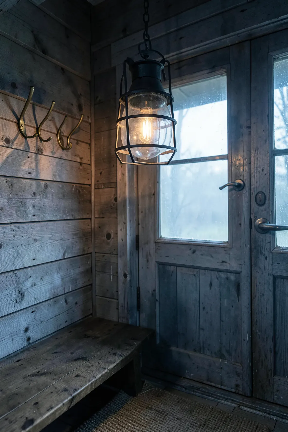 A rugged cast iron nautical lantern with a caged glass lens in a coastal mudroom.