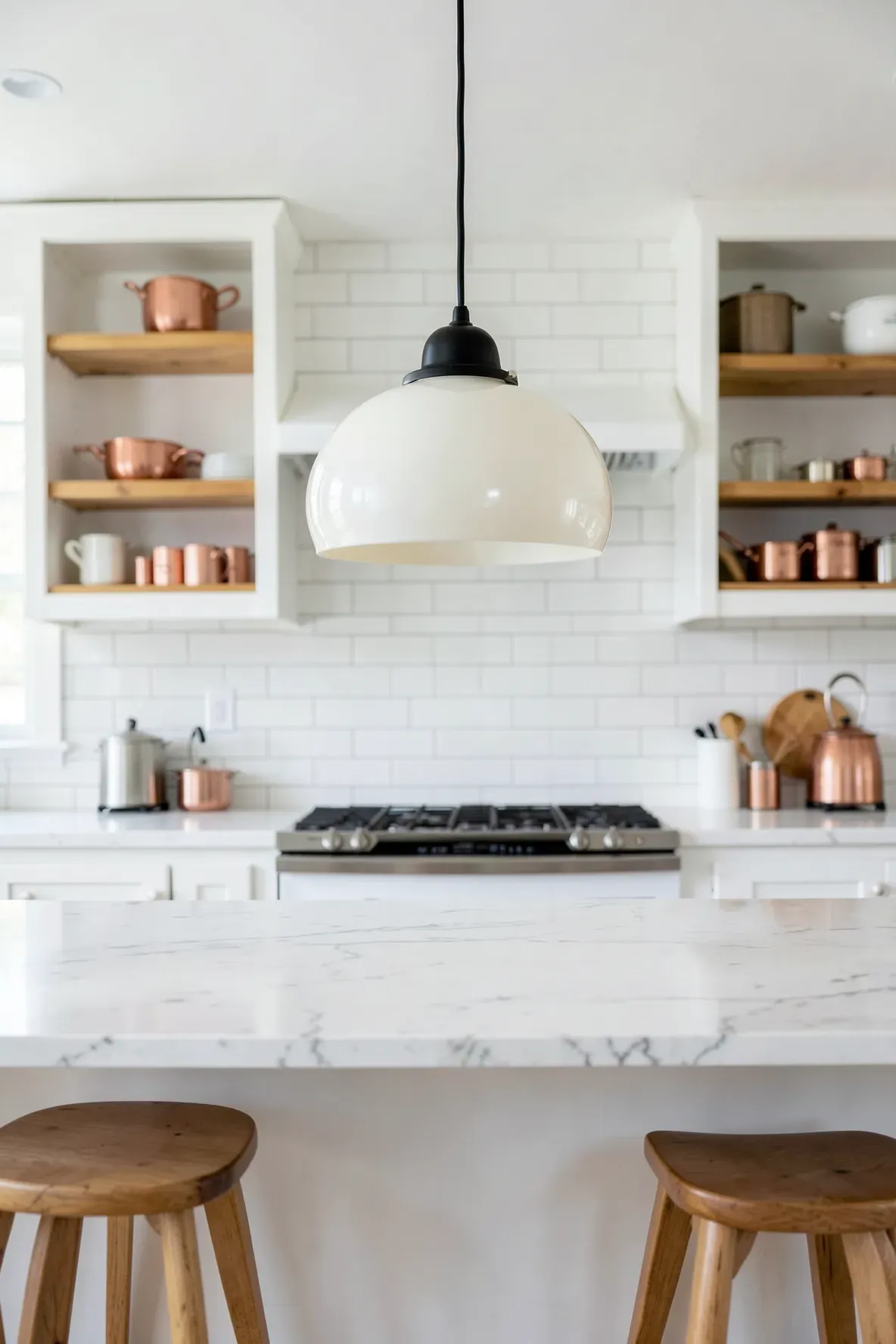 A white milk glass schoolhouse pendant light hanging in a bright, clean kitchen.