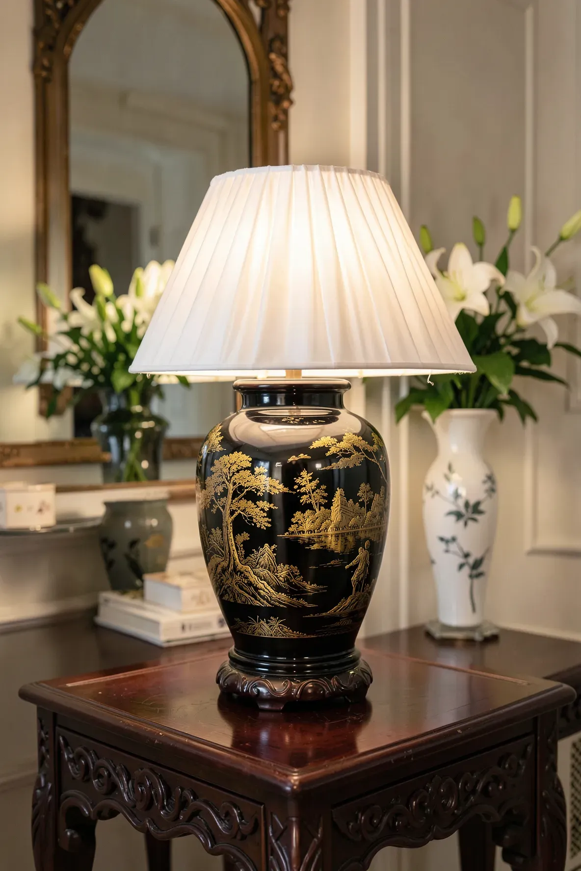 A black and gold Chinese lacquer ginger jar lamp with a white silk shade on a console table.