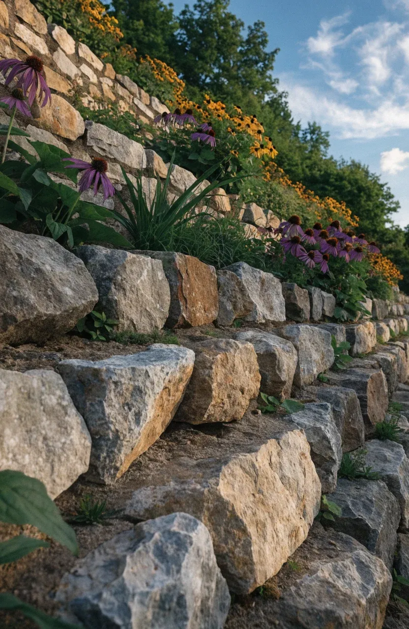 A rustic dry-stack fieldstone retaining wall filled with coneflowers and black-eyed Susans.