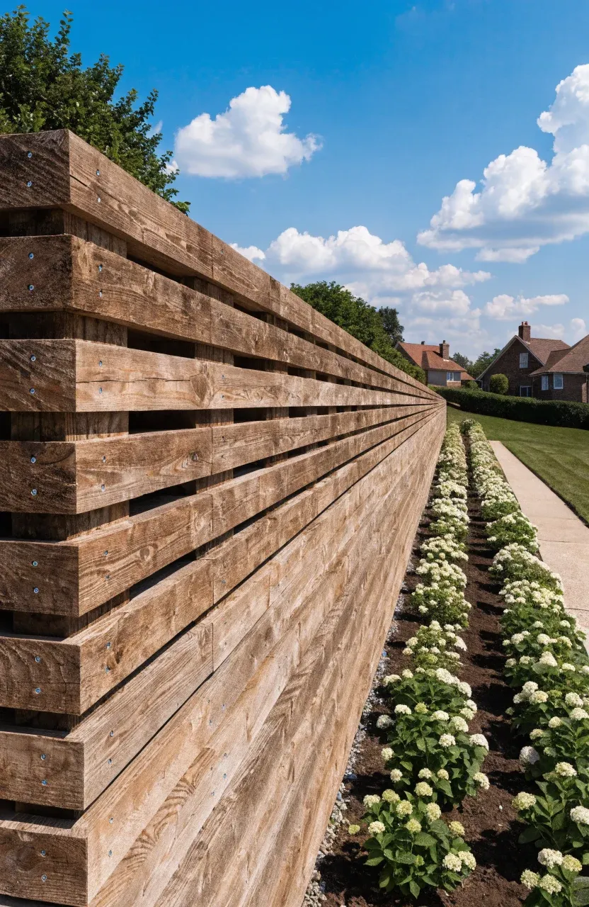 A multi-tiered retaining wall made of straight pressure-treated wooden timbers in a garden.