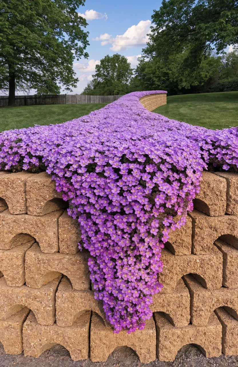 Tan concrete interlocking blocks forming a retaining wall with purple phlox flowers spilling over.