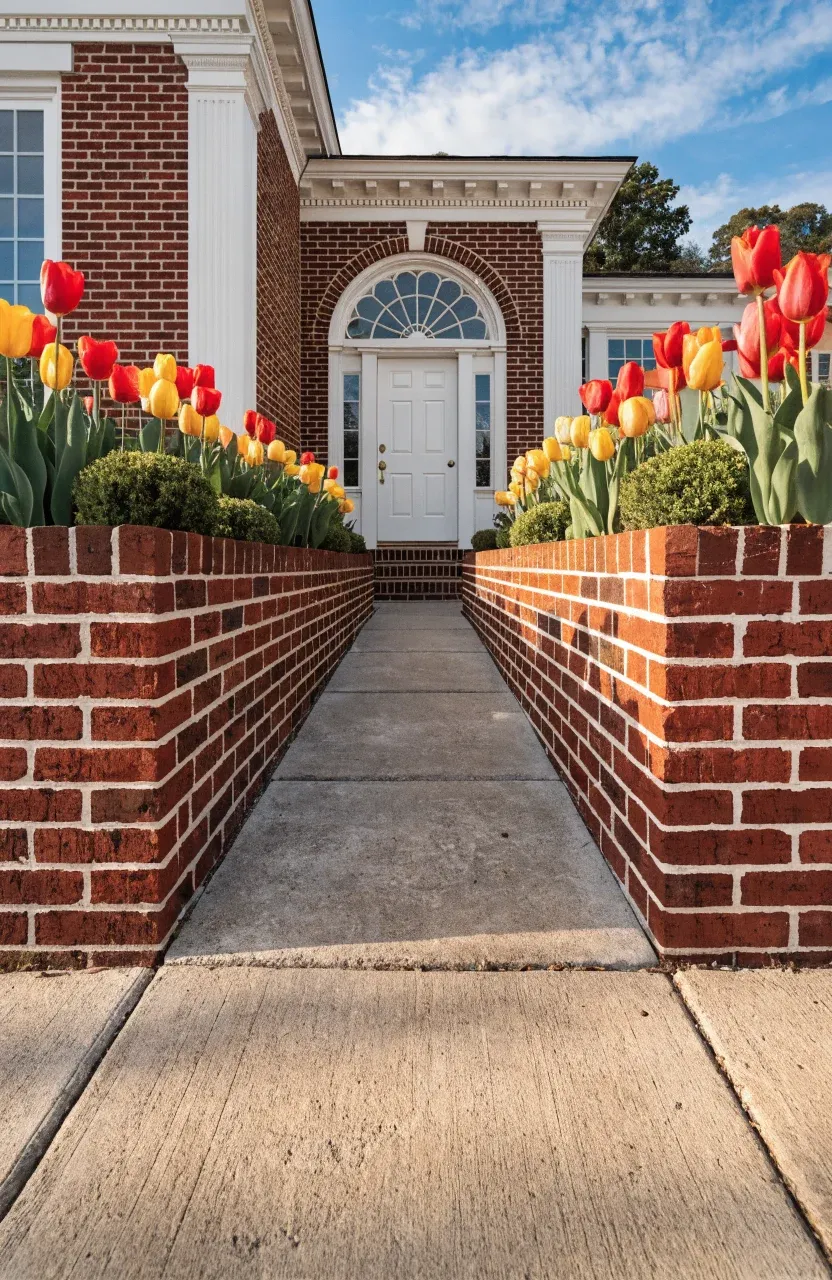 A formal red brick retaining wall framing a front walkway with colorful tulips.