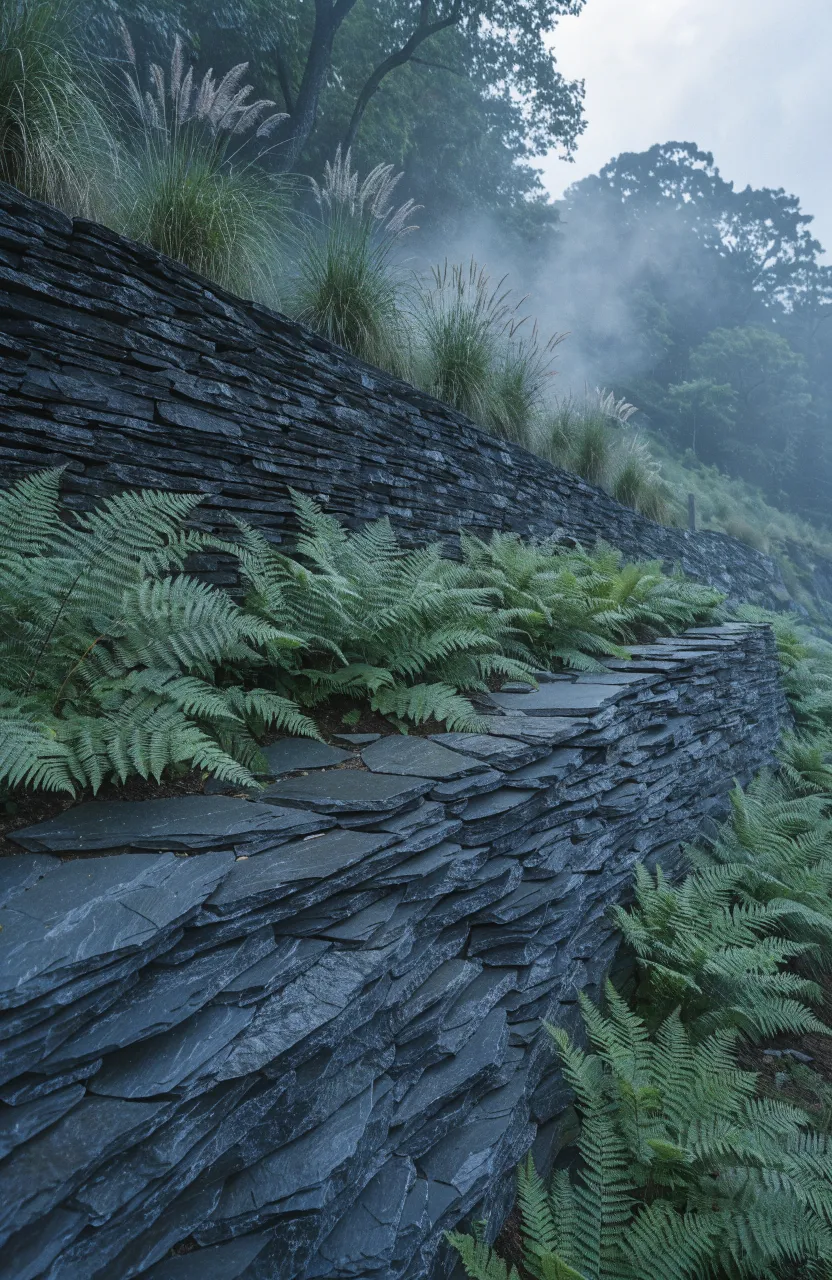 A modern dark slate dry-stack retaining wall on a hillside with green ferns.