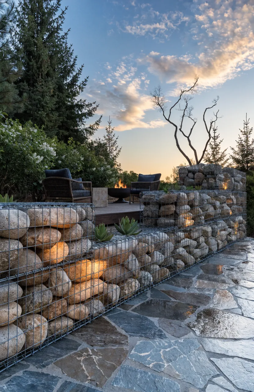 A modern gabion wall made of wire baskets and river rocks used as a patio border.