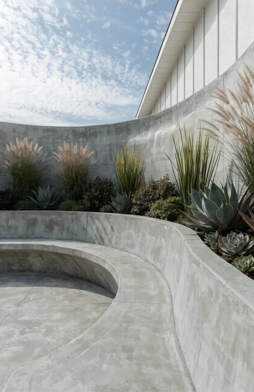 A smooth, curved light gray concrete retaining wall with an integrated seating bench.