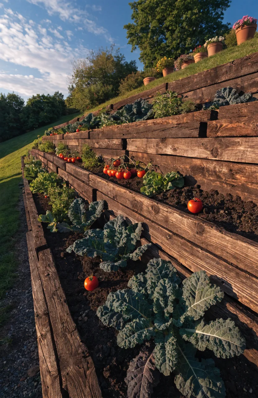 A rustic retaining wall made of dark railroad ties filled with lush green vegetable plants.