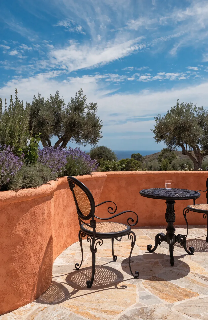 A smooth terracotta stucco retaining wall bordering a Mediterranean patio with lavender.