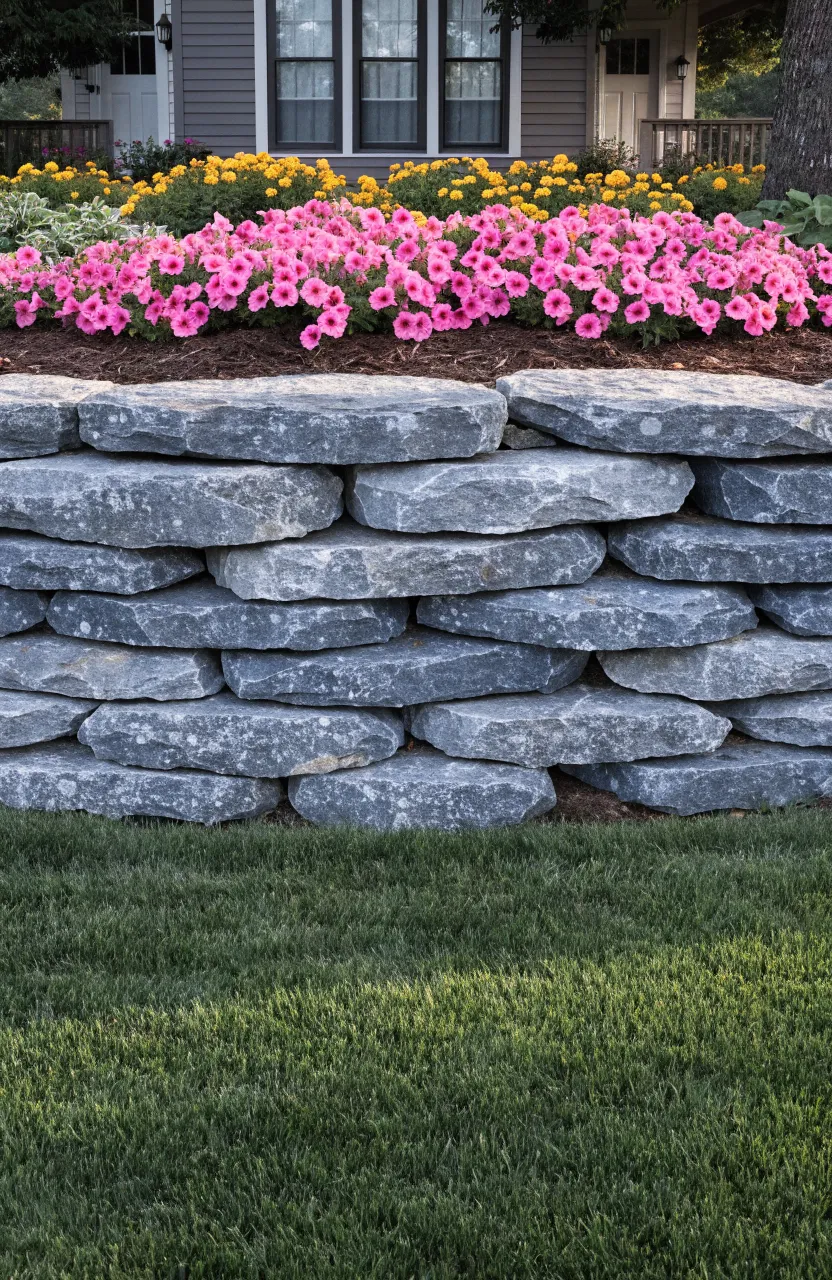 A neat, low flagstone retaining wall separating a green lawn from a bright flower bed.