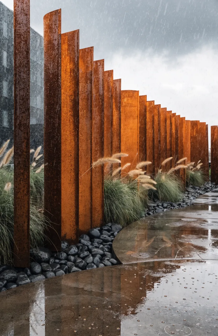 Modern weathered Corten steel panels used as a retaining wall in a minimalist garden.