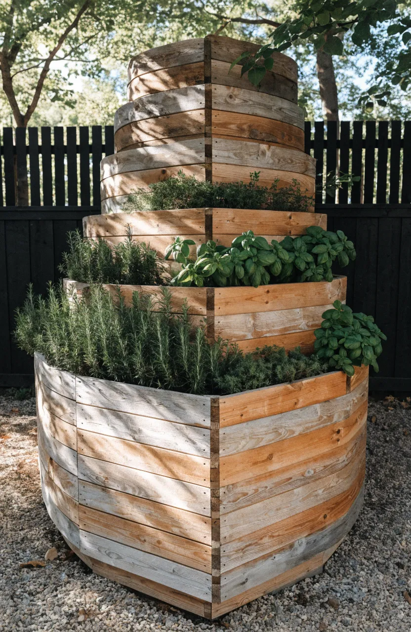 A vertical tiered cedar wood retaining wall with multiple levels of herb plantings.