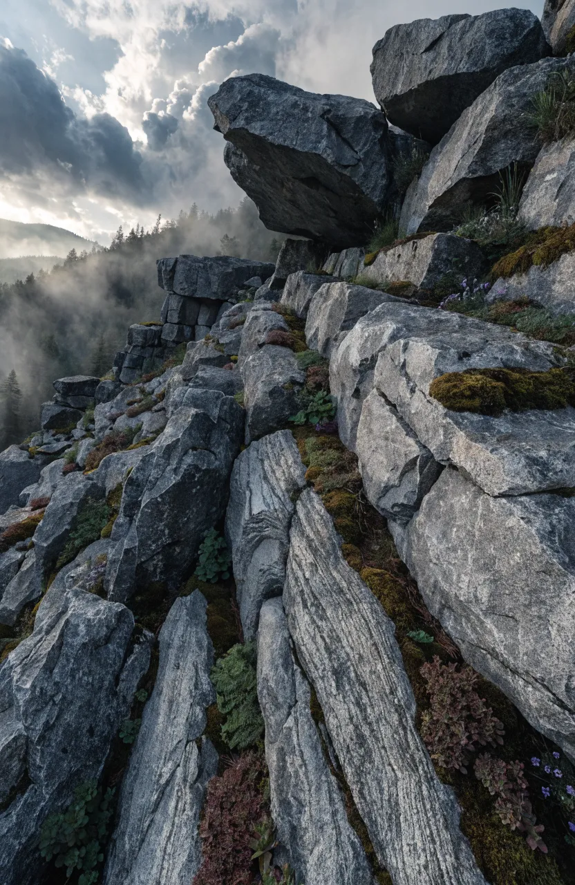Large natural granite boulders forming a rugged retaining wall on a steep green hill.