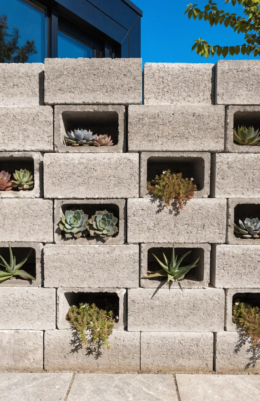 A gray cinder block wall with hollow sections used as small geometric succulent planters.