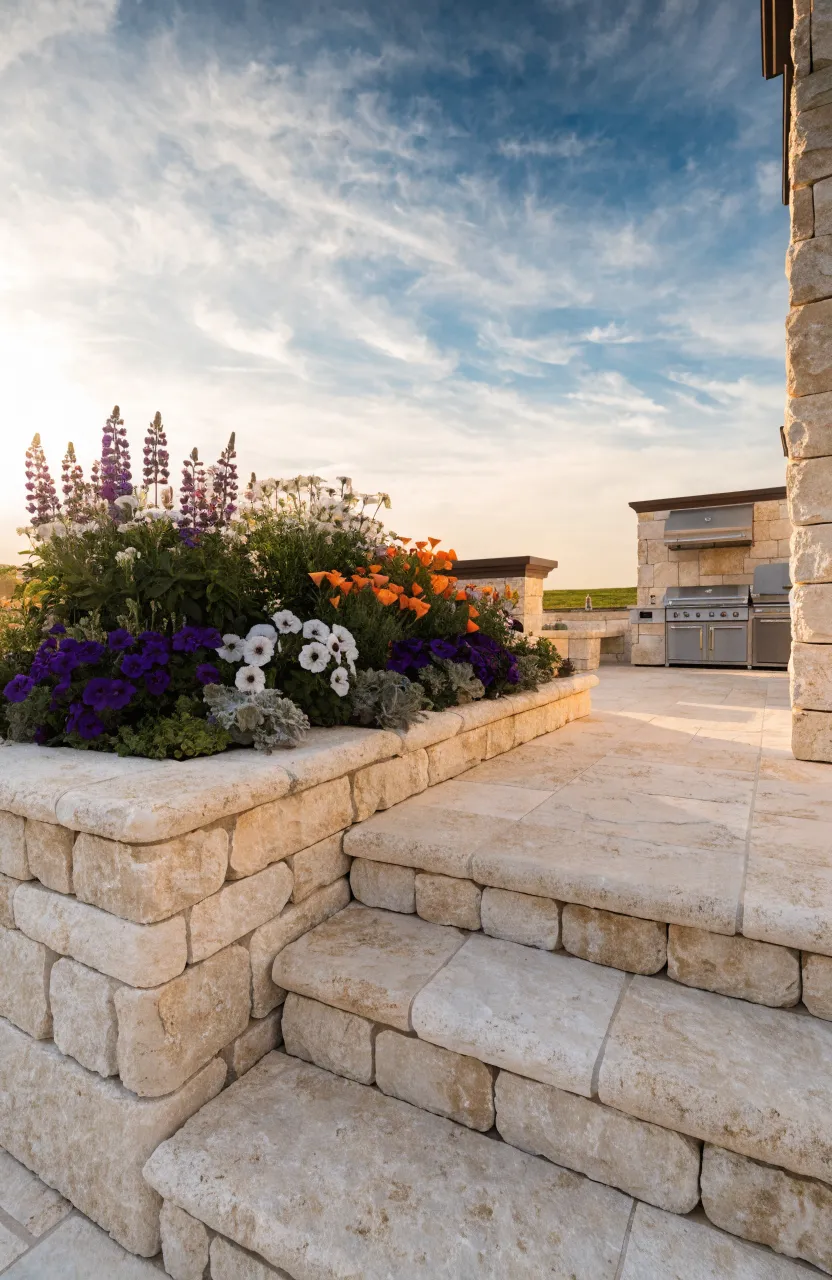 A luxurious tumbled travertine retaining wall with integrated flower beds on an upscale patio.