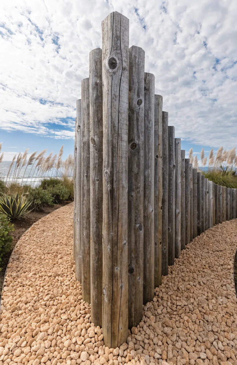 Vertical wood post retaining wall with a pea gravel trench in a sloped garden.