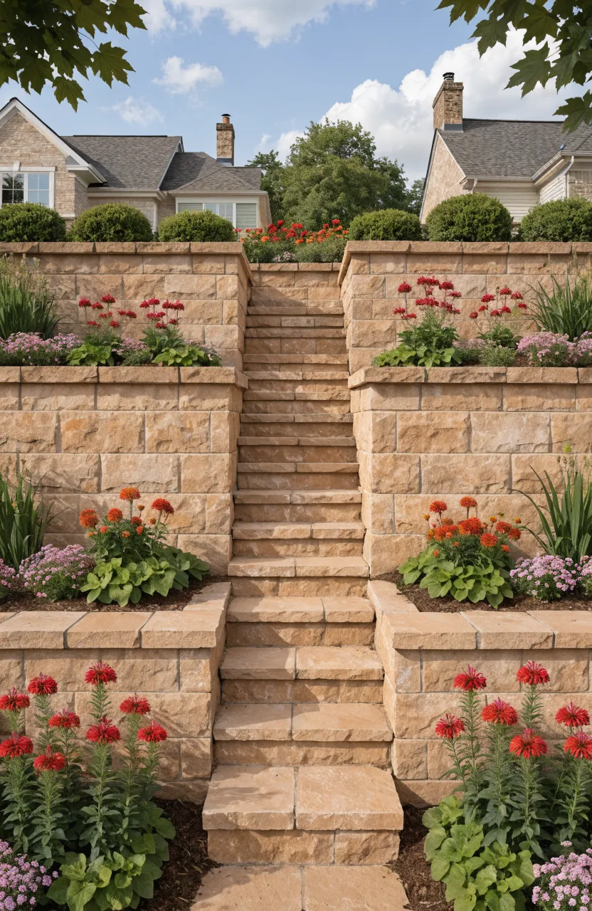 Sandstone block retaining wall flower bed featuring integrated stone steps for garden access.