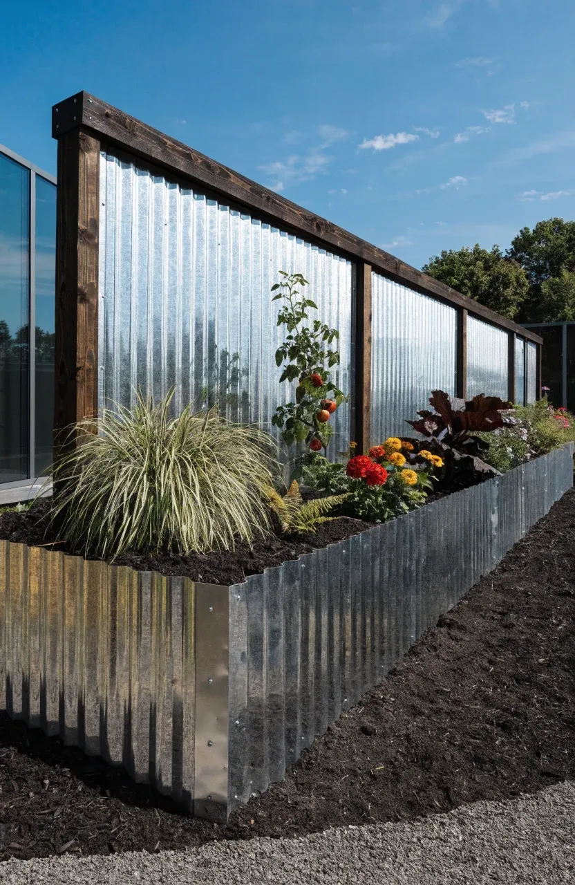 Modern corrugated metal and wood framed retaining wall for a raised garden bed.