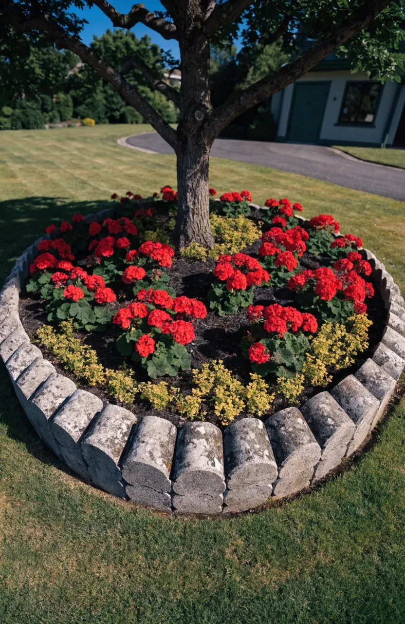 Circular flower bed with scalloped concrete edging stones in a green lawn.