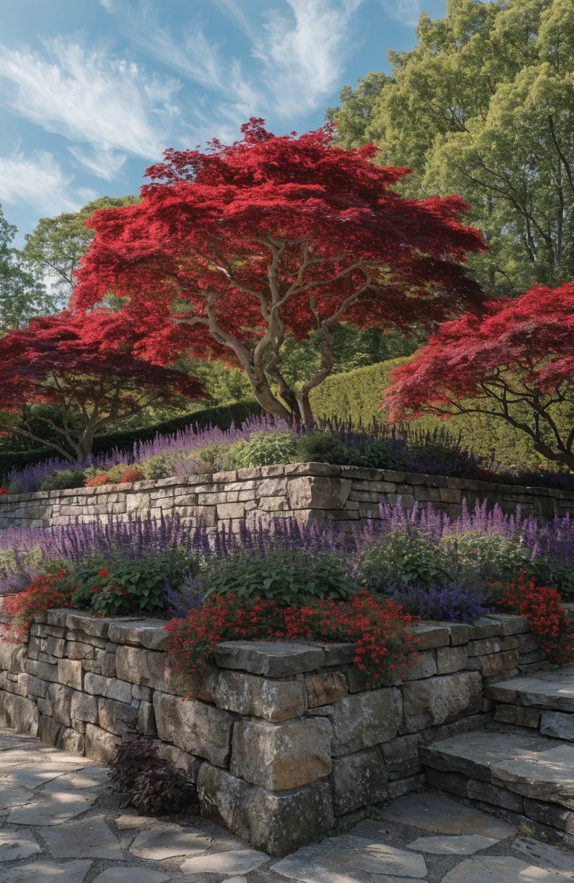 Double-tiered stone retaining wall with flowers and ornamental Japanese Maple trees.