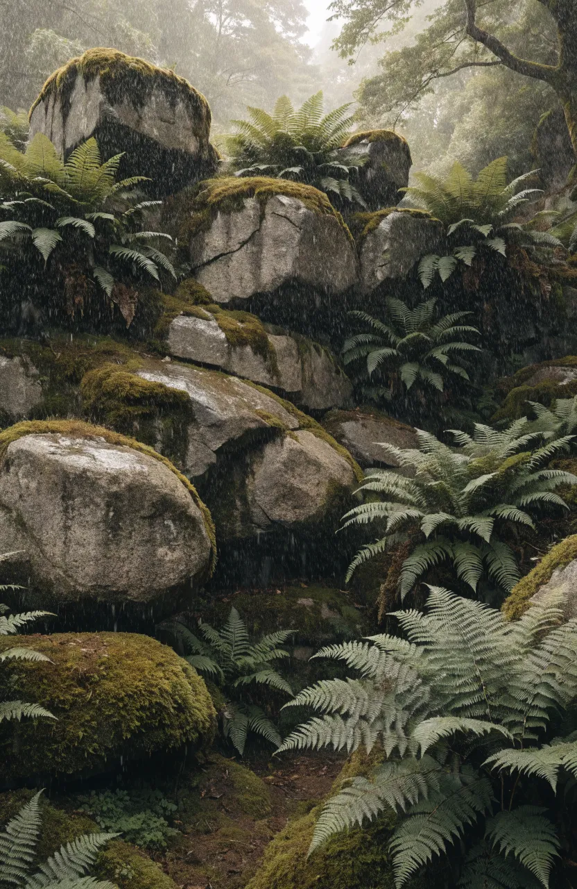 Natural boulder outcroppings with ferns on a shady sloped garden hill.
