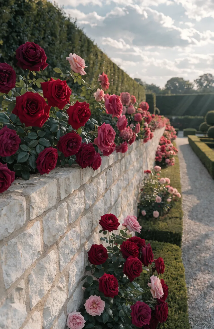 A formal English garden with a straight mortared limestone retaining wall and blooming roses.