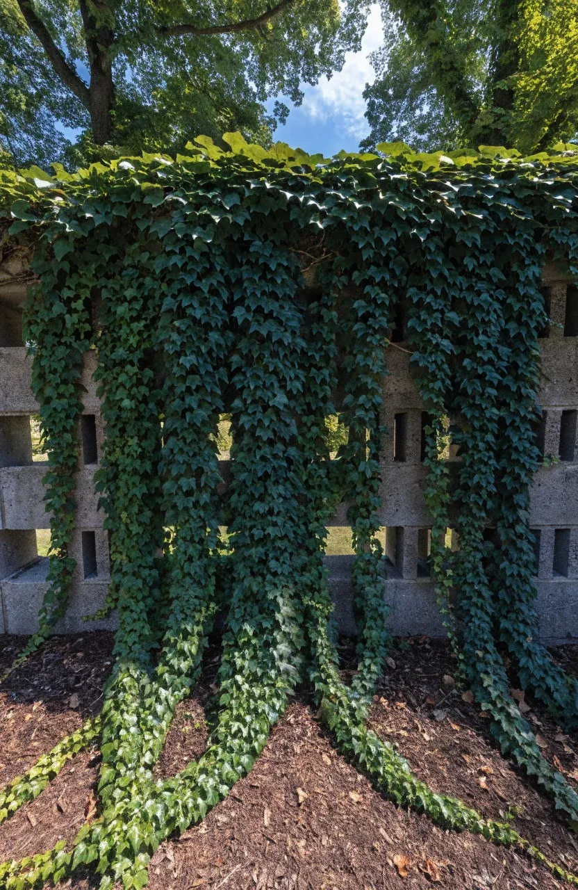 A concrete block retaining wall covered in thick, green trailing ivy in a backyard.