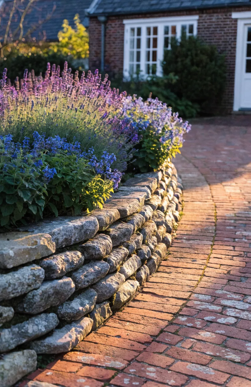 A curved retaining wall made of antique cobblestones filled with purple lavender plants.