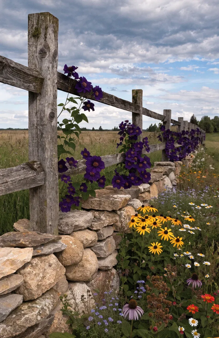 A rustic split rail fence with a low stone base used as a flower bed in a rural setting.