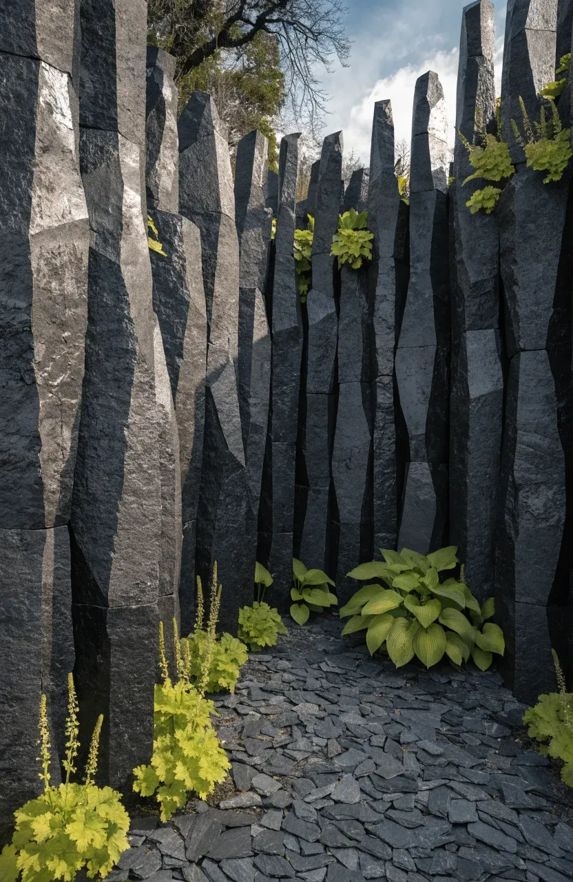 Vertical dark basalt columns used to create a modern, textured retaining wall for plants.