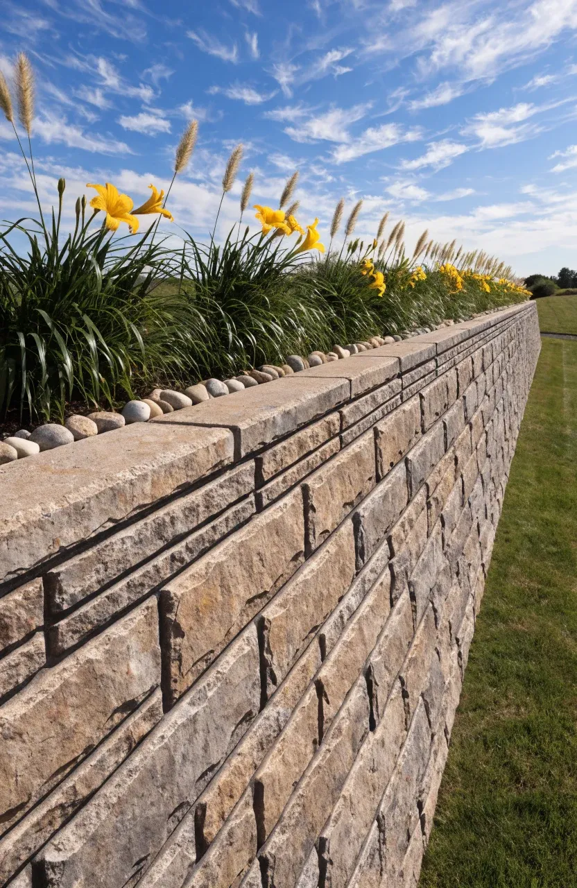 A long retaining wall made of precast concrete panels with a faux stone texture.