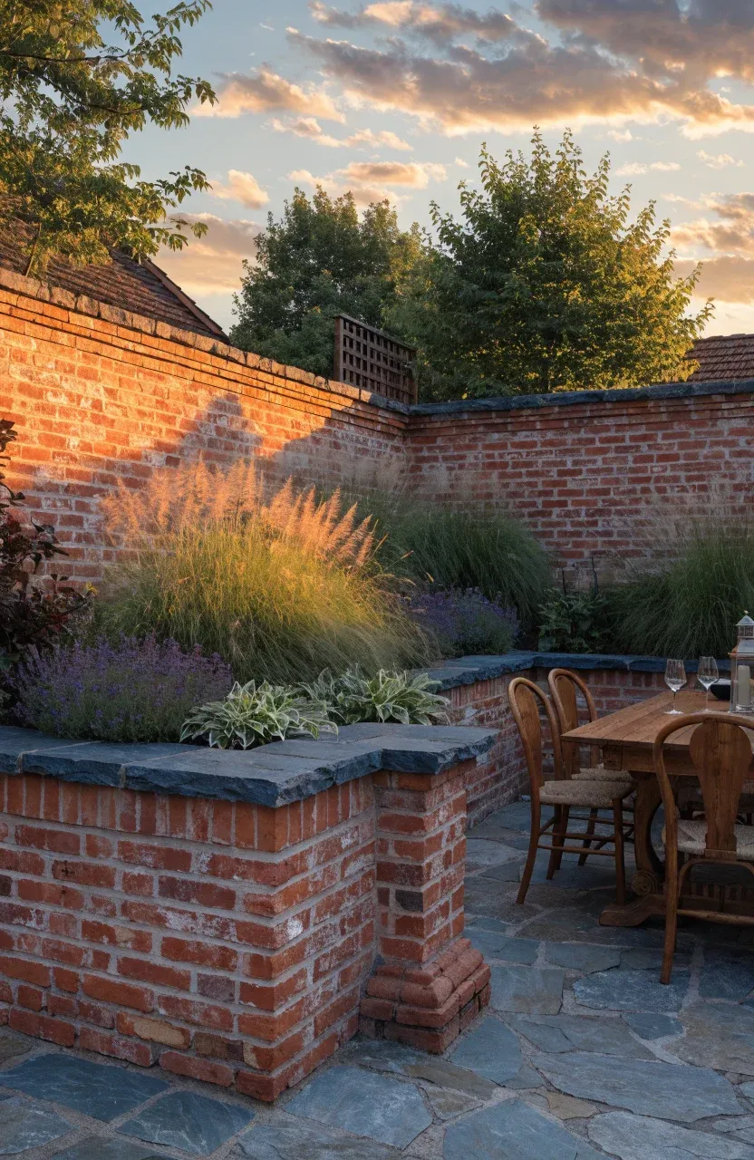 An L-shaped red brick retaining wall framing an outdoor dining area with tall grasses.