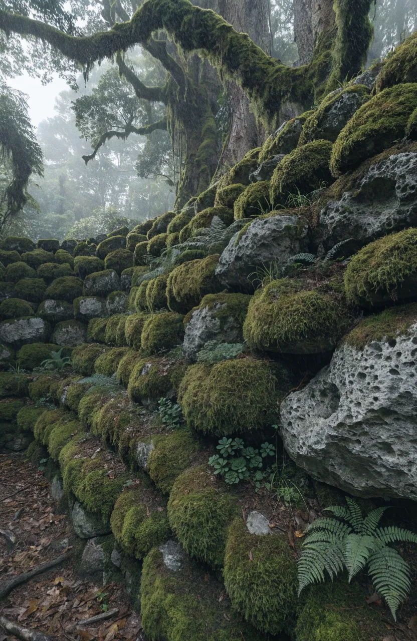 A tiered retaining wall made of natural grey rocks covered in thick green moss and ferns in a misty forest garden.