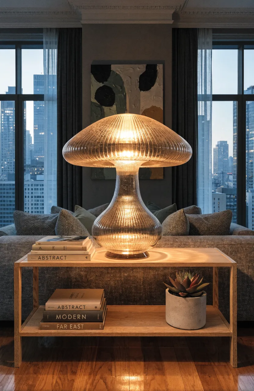 A glowing amber glass mushroom lamp with ribbed texture on a bookshelf in a modern living room.