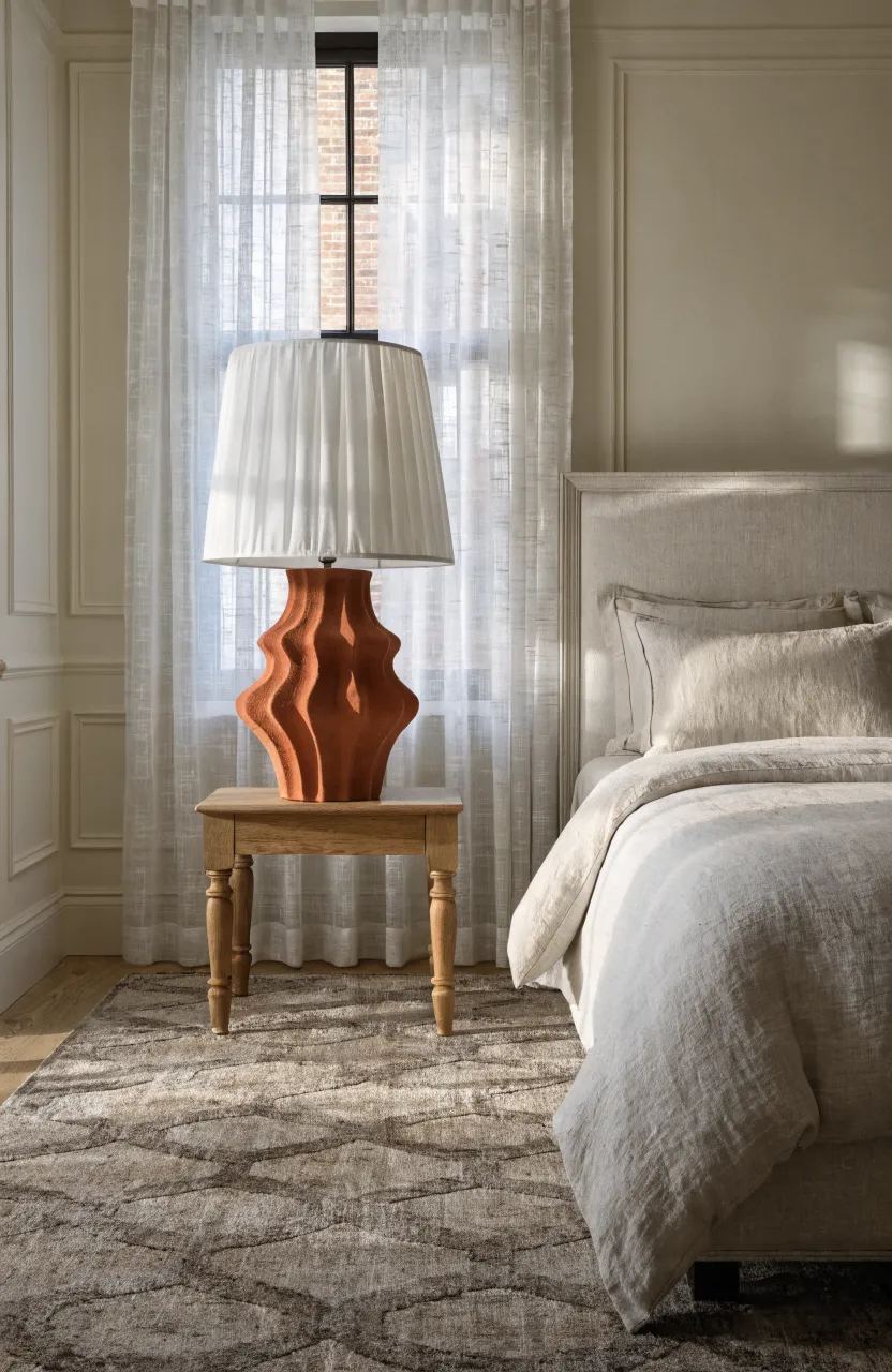 A ceramic bedside lamp with a white pleated shade in a bright, neutral-toned bedroom.