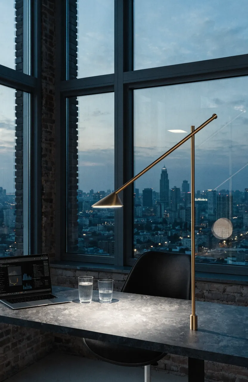 A cordless brushed brass bar lamp standing on a modern dark desk in a minimalist loft.