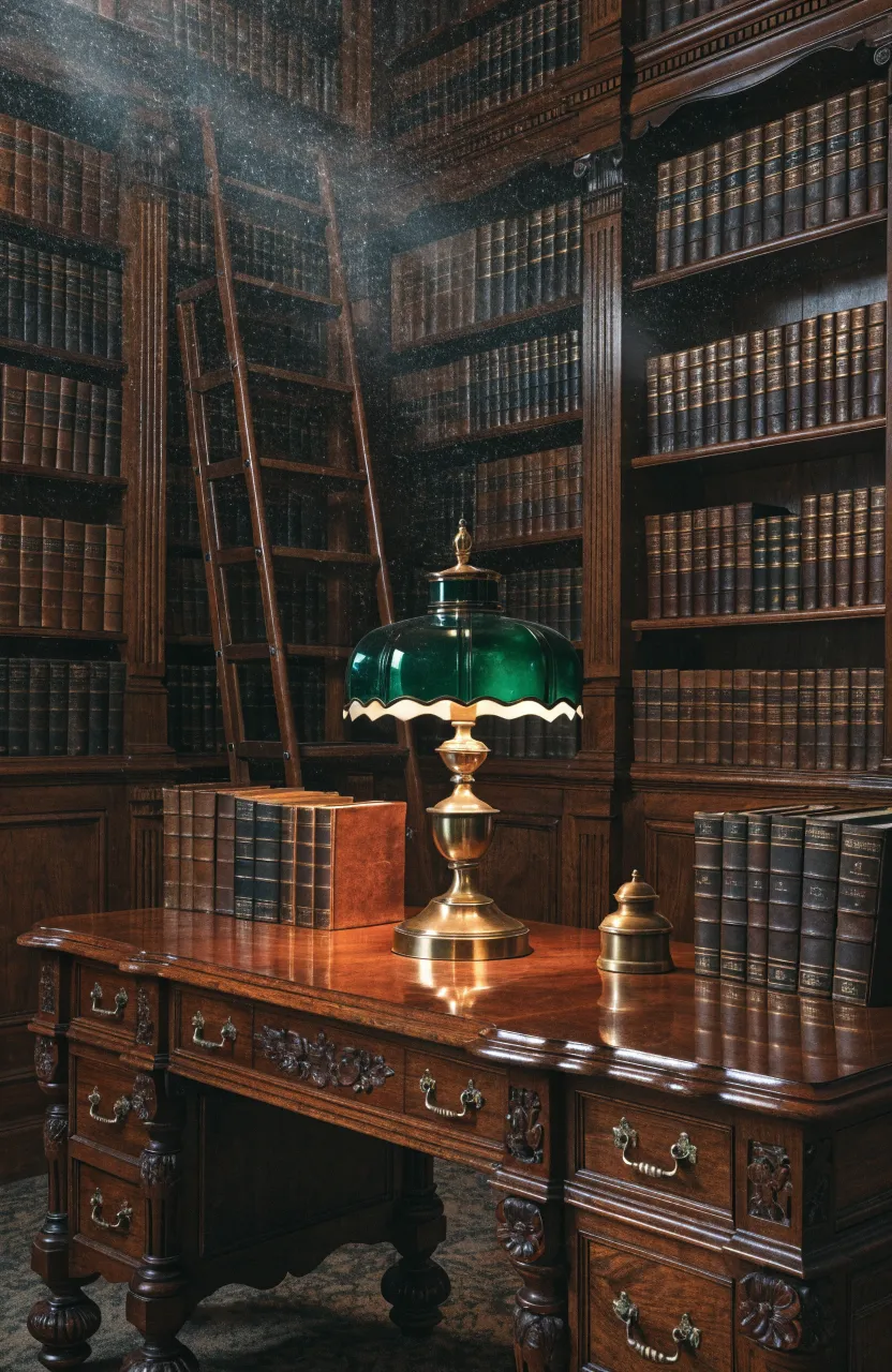 A classic banker lamp with a green glass shade on a dark mahogany desk in a traditional library.