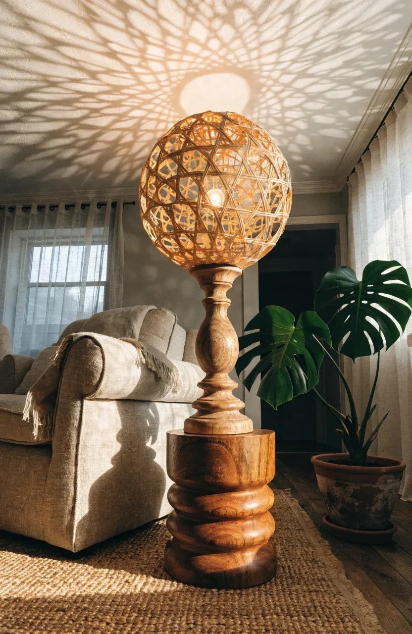 A woven rattan globe lamp casting patterned shadows in a cozy living room corner with plants.