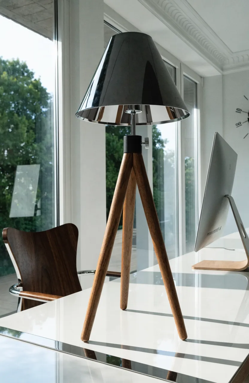 A mid-century modern tripod lamp with a black shade and wooden legs on a clean white desk.