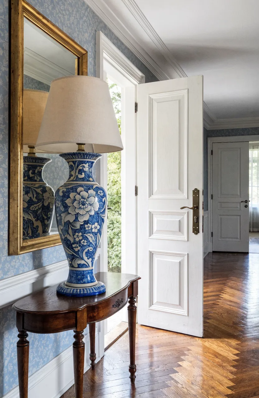 A blue and white hand-painted ceramic lamp on a console table in an elegant entryway.