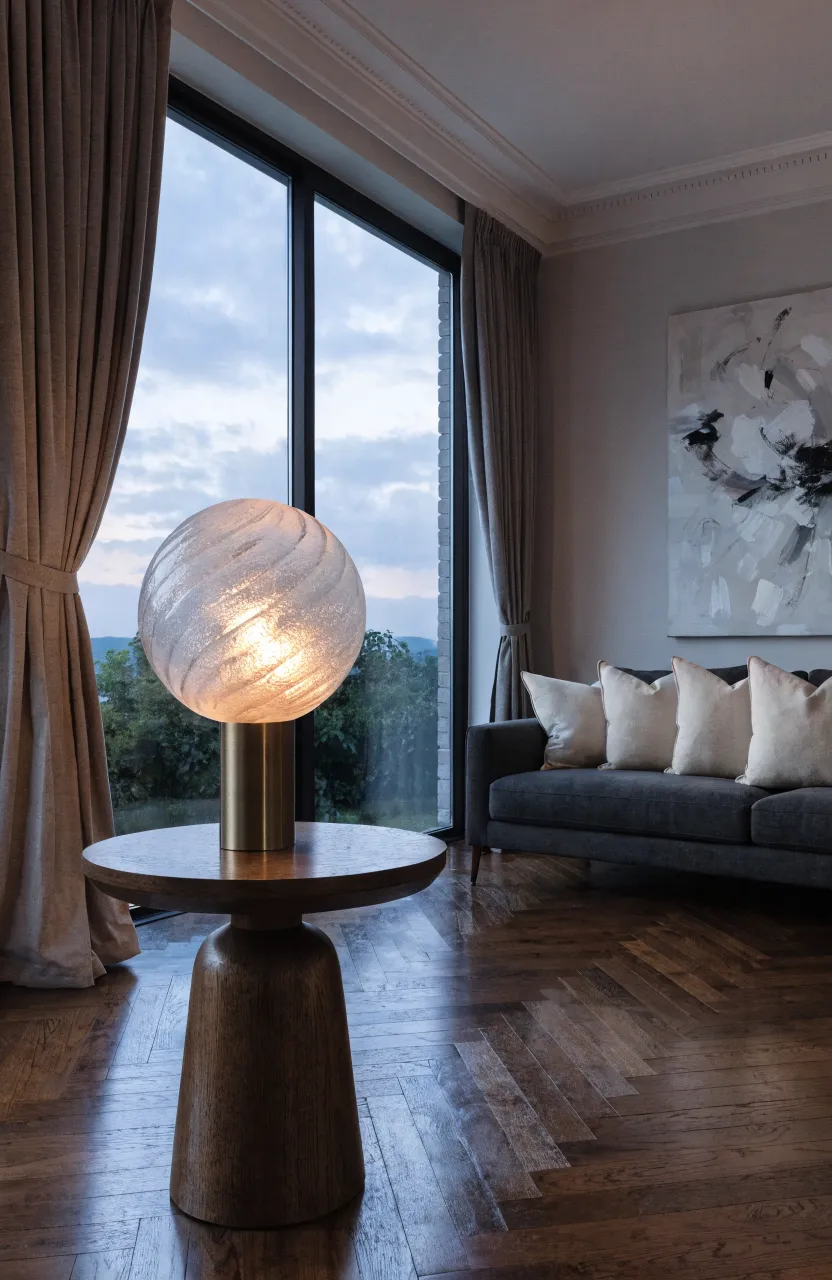 A glowing frosted glass orb lamp on a brass stand in a modern grey and wood living room.
