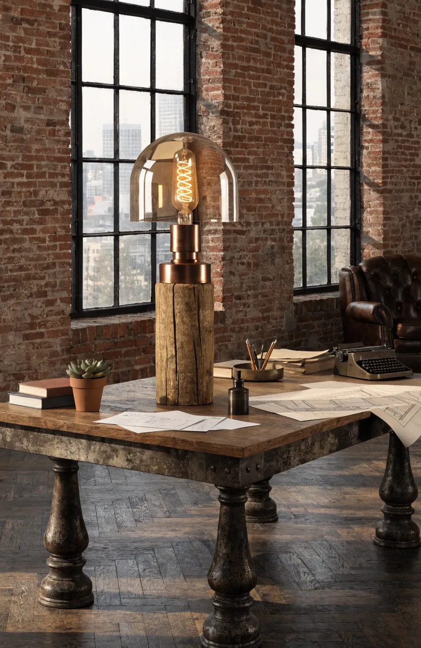 An industrial Edison bulb lamp with a wooden base on a desk in a brick-walled loft.