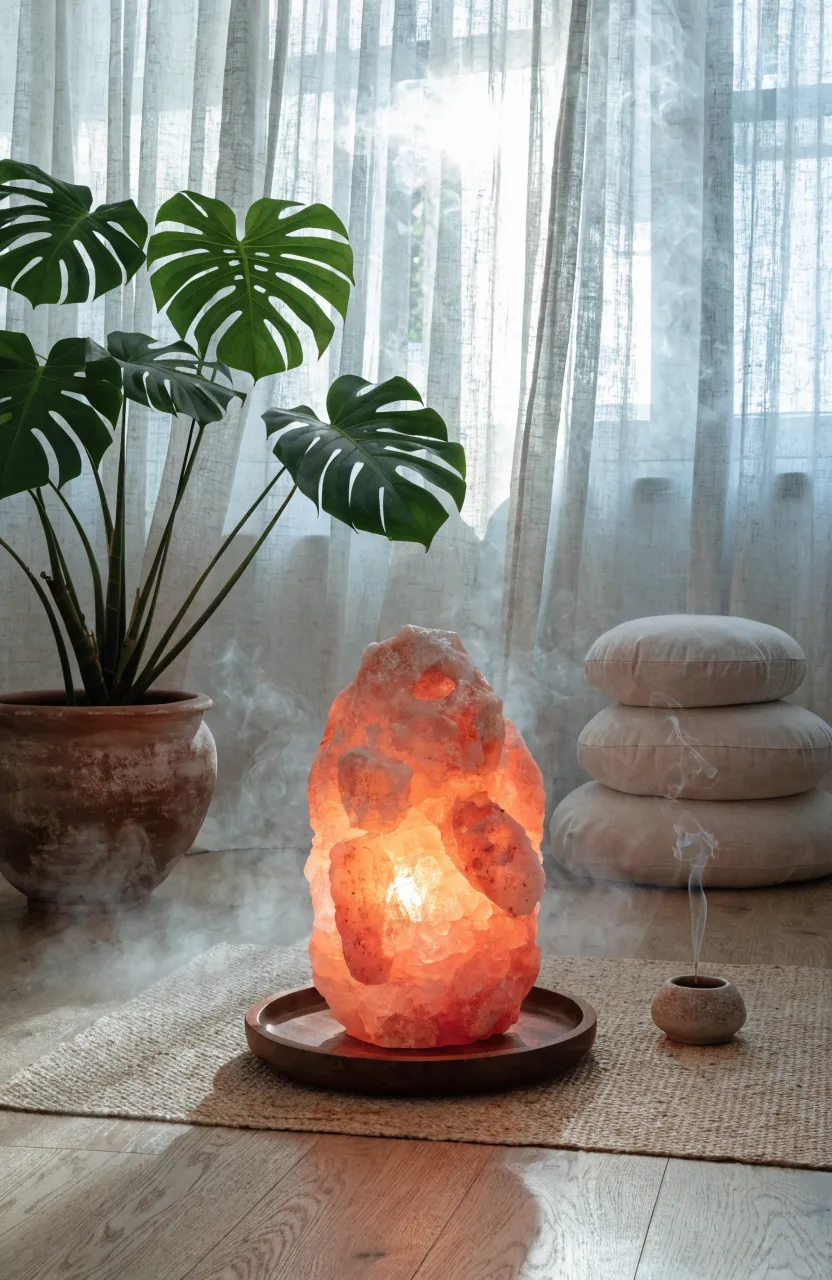 A glowing pink Himalayan salt lamp on a wooden tray in a serene, plant-filled room.