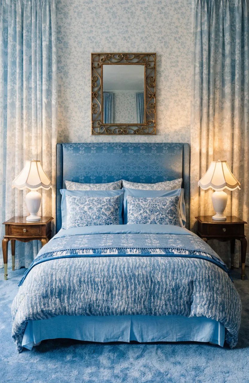 Elegant bedroom with scalloped-edge lamps on nightstands flanking a large bed.